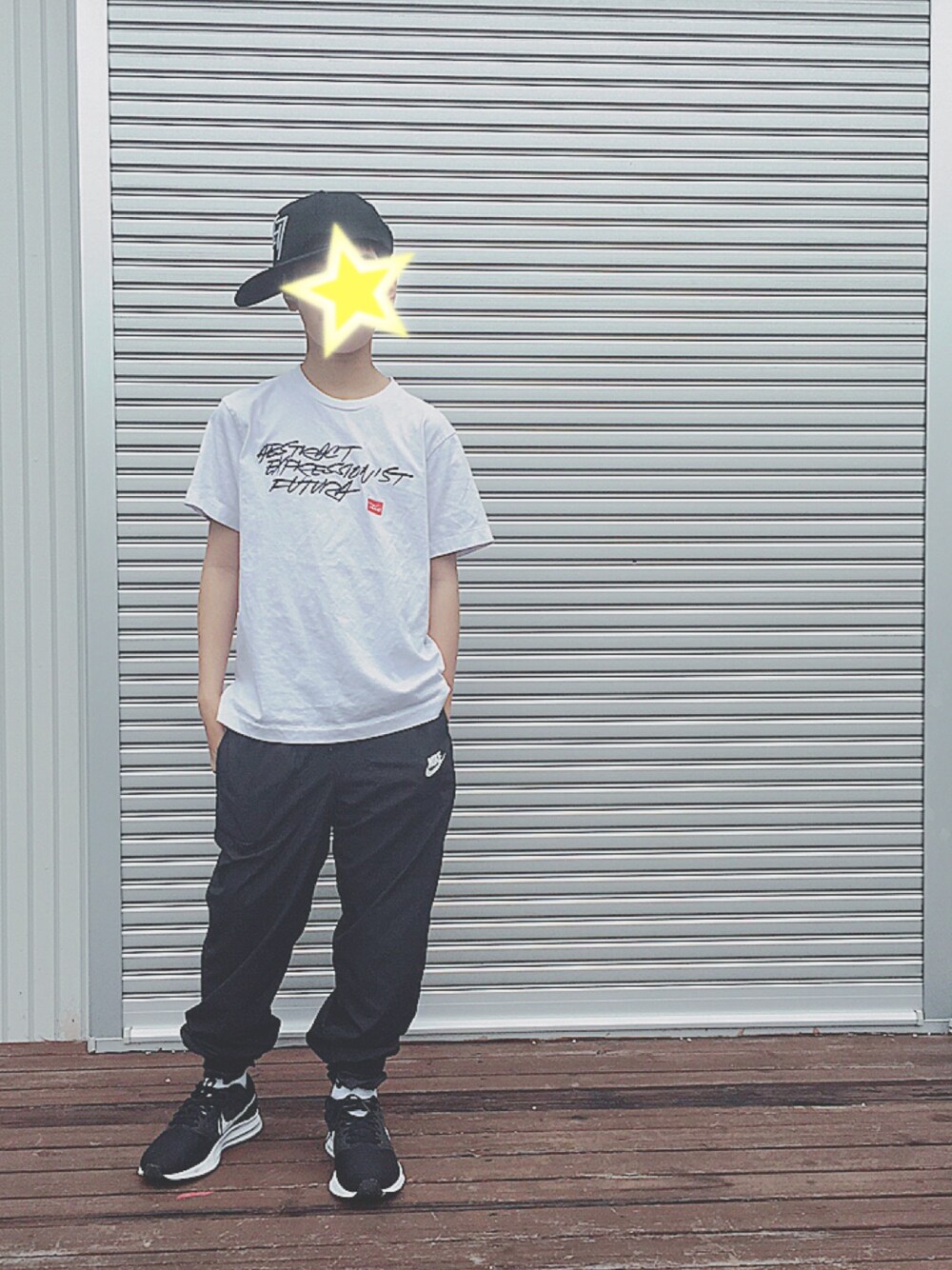 「キッズコーデ、中学生、キャップ、プチプラ、UNIQLO、NIKE、男の子」｜「UNIQLOのアイテム（Tシャツ/カットソー、ホワイト系）」を使った、ico_nico_sanco3さん（キッズ・140cm）の春コーディネートの1枚目の写真