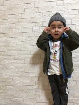 「アイテム（MA-1、グレー系）」を使った、sasa86さん（キッズ・90cm）の冬コーディネート