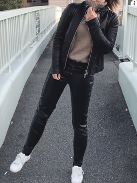 「SPINNS（スピンズ）のアイテム（ライダースジャケット）」を使った、Mさん（レディース・153cm）の秋コーディネート