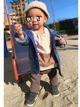 「petit main（プティマイン）のアイテム（デニムジャケット）」を使った、lenlen23さん（キッズ・80cm）の冬コーディネート