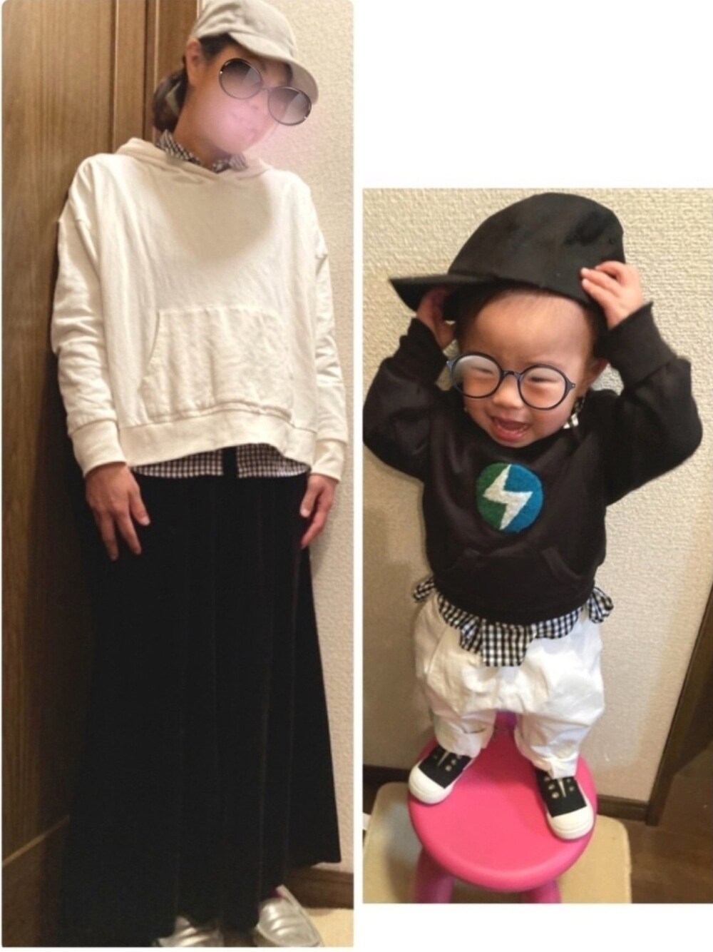 ホワイト系のパーカー、ブラック系のその他パンツ、シルバー系のモカシン/デッキシューズを着用したキッズの春コーディネートの1枚目の写真