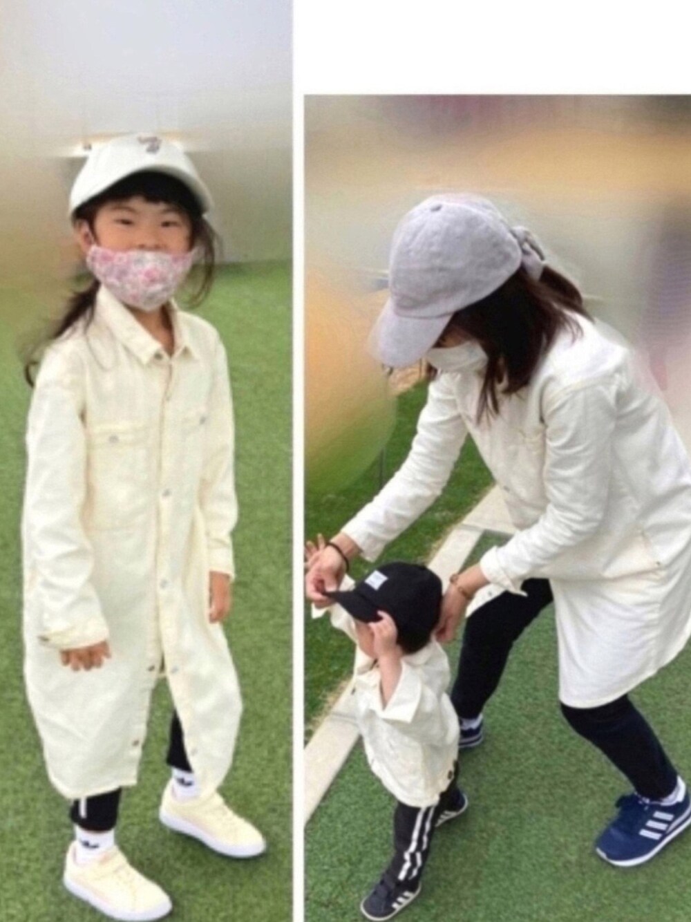 ホワイト系のワンピース、ホワイト系のデニムジャケット、ベージュ系のスニーカーを着用したキッズの春コーディネートの1枚目の写真
