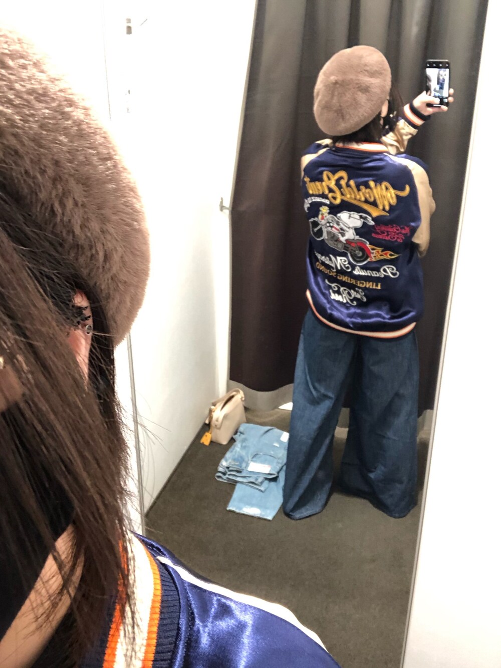 「いいね、save、フォローお願いします🤑、スカジャン、スヌーピー」｜「esquireのアイテム（スカジャン、ブルー系）」を使った、たじすけさん（レディース・156cm）の冬コーディネートの1枚目の写真