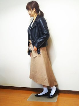 「無地党」｜「アイテム（ライダースジャケット）」を使った、RIE..:*:･･☆さん（レディース・163cm）の冬コーディネート