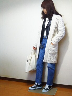 「ニットカーディガン」｜「アイテム（ライダースジャケット）」を使った、RIE..:*:･･☆さん（レディース・163cm）の冬コーディネート
