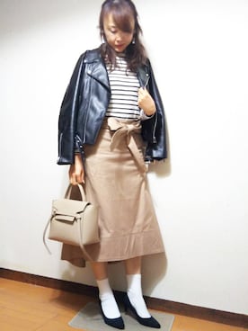 「CELINE」｜「アイテム（ライダースジャケット）」を使った、RIE..:*:･･☆さん（レディース・163cm）の春コーディネート