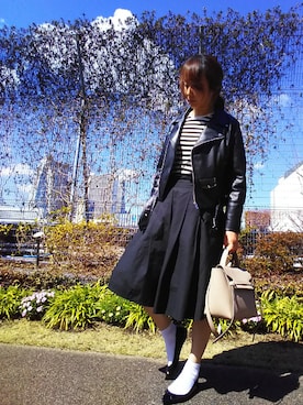 「無地党」｜「アイテム（ライダースジャケット）」を使った、RIE..:*:･･☆さん（レディース・163cm）の春コーディネート