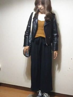 「ニットキャミソール」｜「アイテム（ライダースジャケット）」を使った、RIE..:*:･･☆さん（レディース・163cm）の秋コーディネート