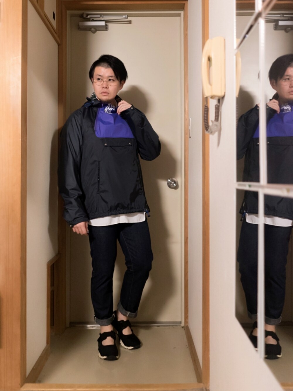 「kolor / BEACON、アノラックパーカー、カバーオール、yohjiyamamoto、カジュアル、春コーデ、デニムパンツ、スポーツミックス、いいね、save、フォローお願いします🤑、ストリート」｜「Yohji Yamamotoのアイテム（デニムパンツ、ブルー系）」を使った、埒之（らちゆき）さん（メンズ・169cm）の冬コーディネートの1枚目の写真