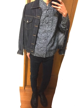 「ノーカラーシャツ」｜「アイテム（デニムジャケット）」を使った、ゆうきさん（メンズ・165cm）の冬コーディネート