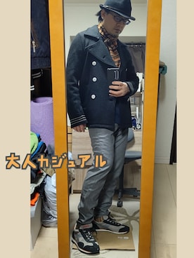 「ハット」｜「アイテム（ピーコート）」を使った、YM（最近はインスタ寄り）さん（メンズ・172cm）の秋コーディネート