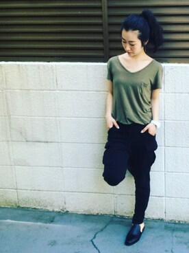 「WEGO（ウィゴー）のアイテム（Tシャツ/カットソー、グリーン系）」を使った、lilmiwawaさん（レディース・155cm）の春コーディネート
