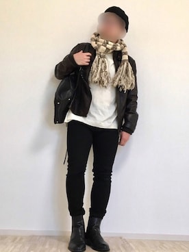 「Calvin Klein（カルバン・クライン）のアイテム（ライダースジャケット）」を使った、yuunagi06さん（メンズ・161cm）の秋コーディネート