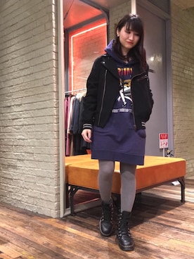 「hystericglamour」｜「アイテム（ライダースジャケット）」を使った、MAIKAさん（レディース・152cm）の冬コーディネート