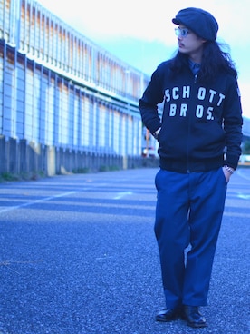 「SCHOTT」｜「アイテム（ジャージ）」を使った、okaiさん（メンズ・172cm）の冬コーディネート