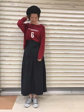 「ハイウエストスカート」｜「アイテム（ハンチング/ベレー帽）」を使った、natsukiさん（レディース・168cm）の夏コーディネート