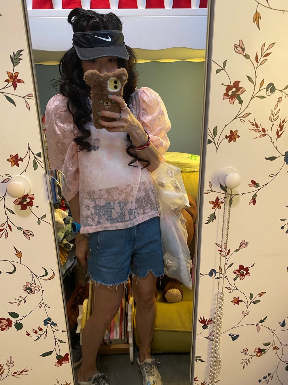 「2020、ootd、outfit、NIKE」｜「NIKEのアイテム（サンバイザー、ブラック系）」を使った、Y🐻N🎸さん（レディース・153cm）の夏コーディネートの1枚目の写真