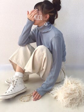 「AMERICAN HOLIC（アメリカンホリック）の【追加生産】太コーデュロイワイドパンツ（その他パンツ）」を使った、hanicoさん（レディース・155cm）の冬コーディネート