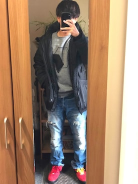 「airforce1」｜「アイテム（ダッフルコート）」を使った、てぃーくみパイセンさん（メンズ・173cm）の秋コーディネート
