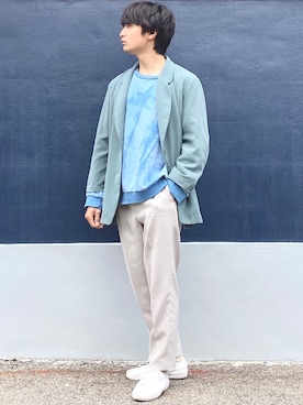 「Acne Studios（アクネストゥディオズ）のタイダイ柄ライトブルースウェット（スウェット）」を使った、ざわ_低身長男子styleさん（メンズ・163cm・20代）の春コーディネート