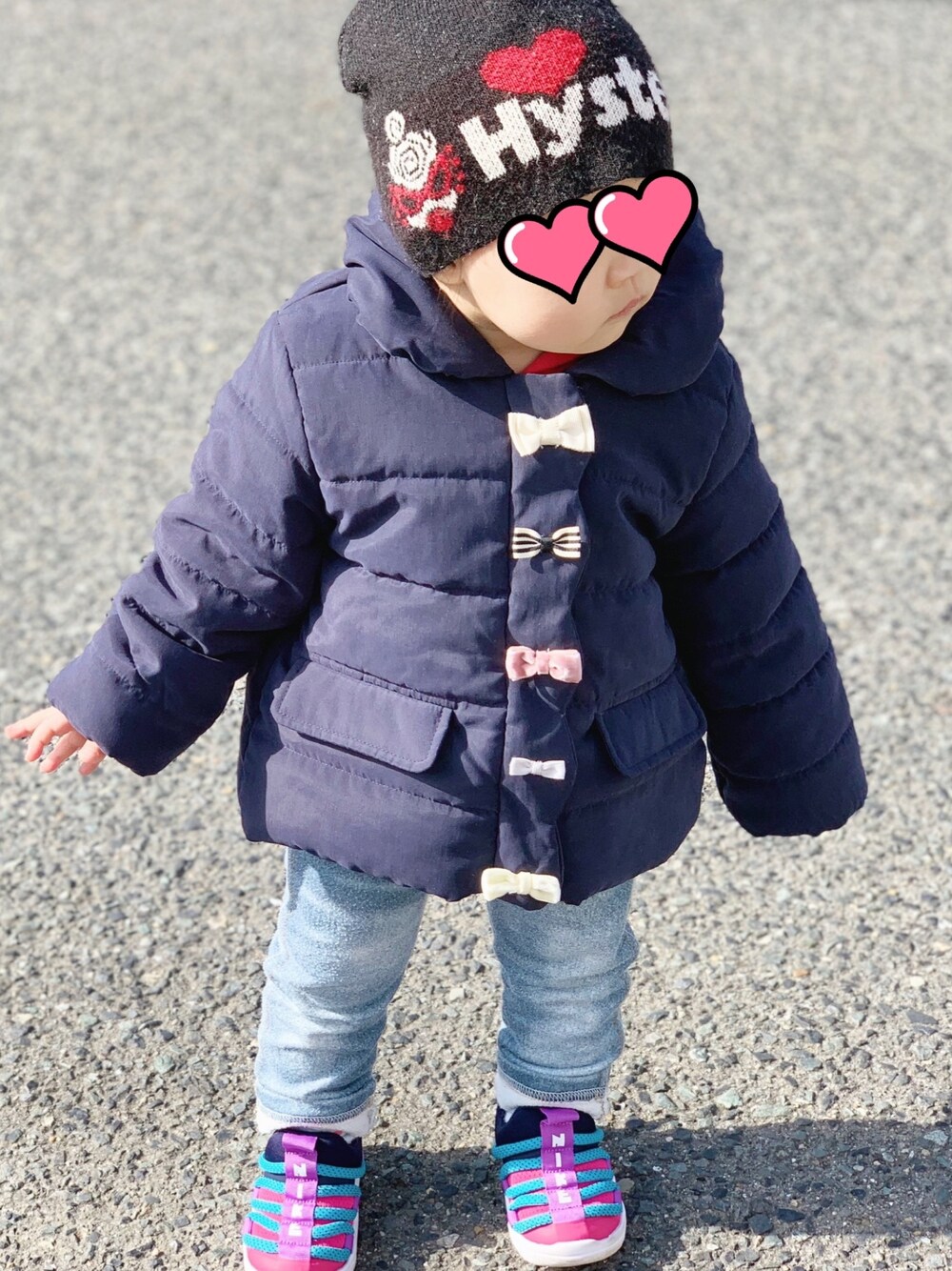 「petit mainのアイテム（ダウンジャケット/コート、ブルー系）」を使った、♥︎ramama♥︎さん（キッズ・80cm）の冬コーディネートの1枚目の写真