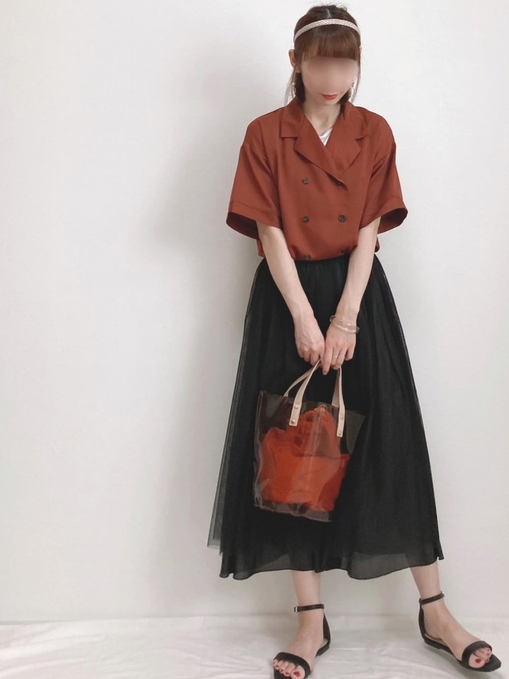 「シャツ好き集まれ、シャツジャケット、開襟シャツ、チュールスカート、カチューシャ、サンダル、クリアバッグ、natural couture、apretro」｜「LOWRYS FARMのアミアミカチューシャ　861855（カチューシャ、その他）」を使った、Lilychouchouさん（レディース・163cm）の夏コーディネートの1枚目の写真