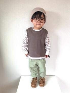 「apres les cours（アプレレクール）のアイテム（ニットキャップ/ビーニー）」を使った、TARE-MAYUさん（キッズ・120cm）の春コーディネート