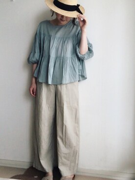 「UNIQLO（ユニクロ）のベルテッドリネンコットンワイドストレートパンツ(丈標準66～68cm）（その他パンツ）」を使った、こっつんこーでさん（レディース・161cm）の夏コーディネート