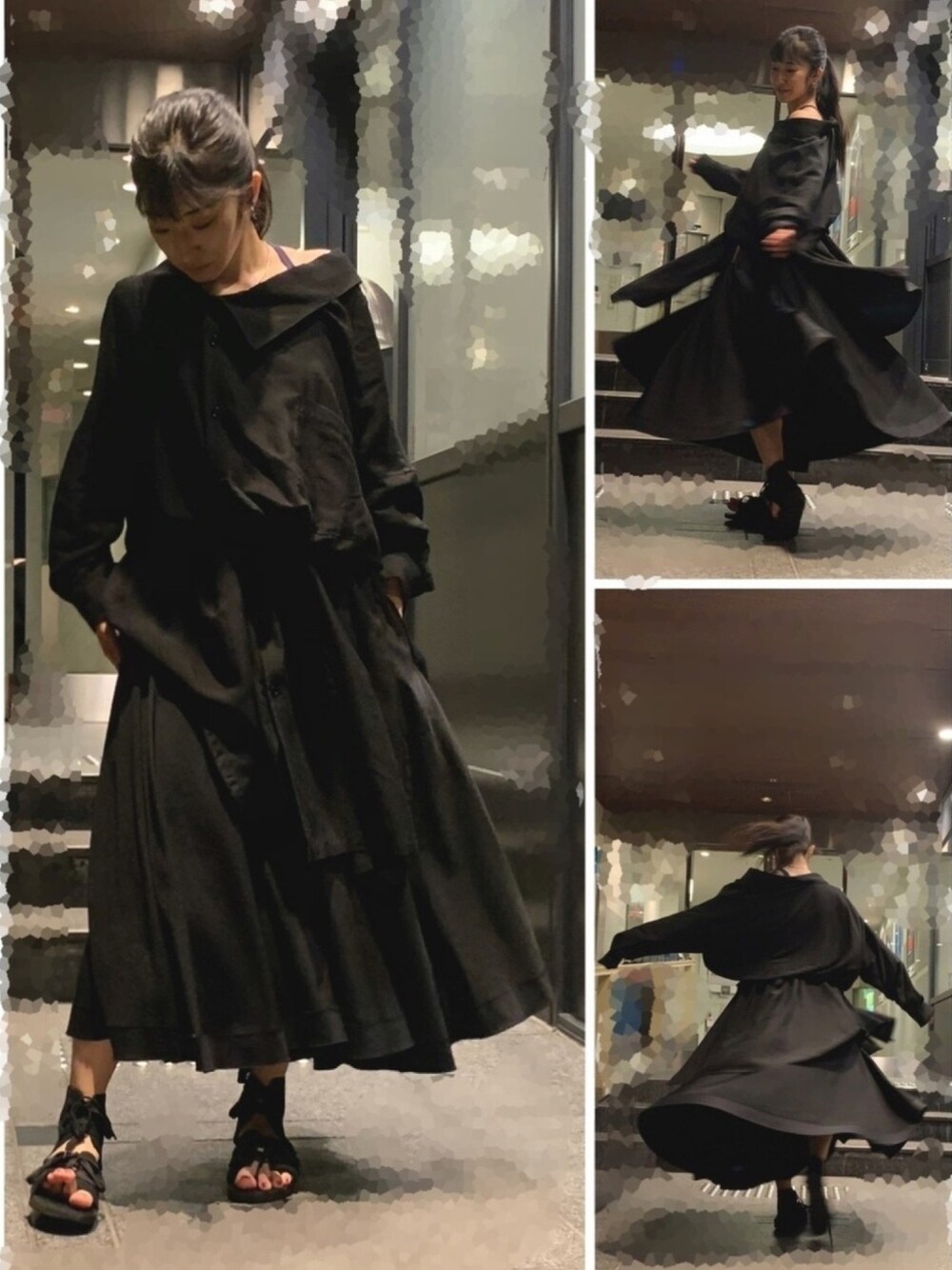 「シャツスタイル、ブラック、黒髪、yohjiyamamoto、LIMI feu、GROUND Y、スカート、ヨウジヤマモト、オールブラック」｜「Ground Yのアイテム（パンツ、ブラック系）」を使った、3103さん（レディース・157cm）の夏コーディネートの1枚目の写真