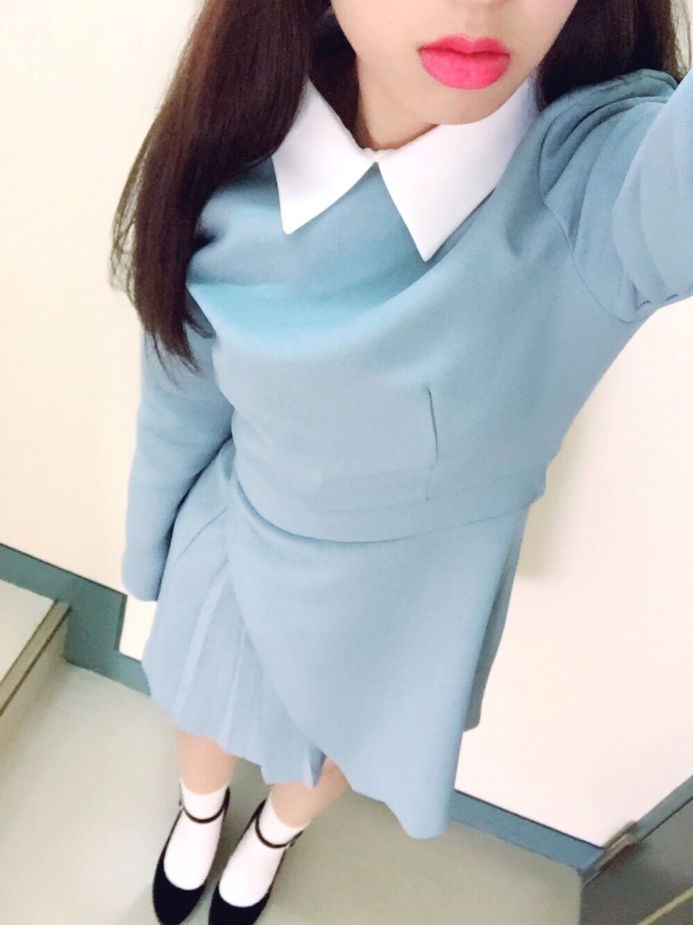 「ガーリー、ワンピース、キレイめ、アリス、ストラップシューズ、ORiental TRaffic(ORiental TRaffic)」｜「milkcocoaのアイテム（ワンピース、ブルー系）」を使った、ぽふぽふさん（レディース・151cm）の冬コーディネートの1枚目の写真