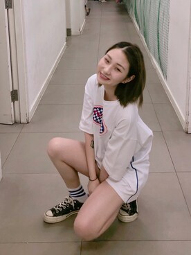 「FFSTUDIOのアイテム（Tシャツ/カットソー、ホワイト系）」を使った、SpookyBoboさん（レディース・168cm）の夏コーディネート