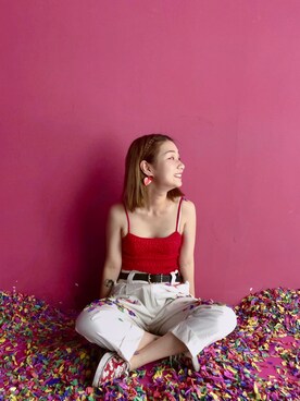 「H&M（エイチ・アンド・エム）のアイテム（タンクトップ、レッド系）」を使った、SpookyBoboさん（レディース・168cm）の夏コーディネート