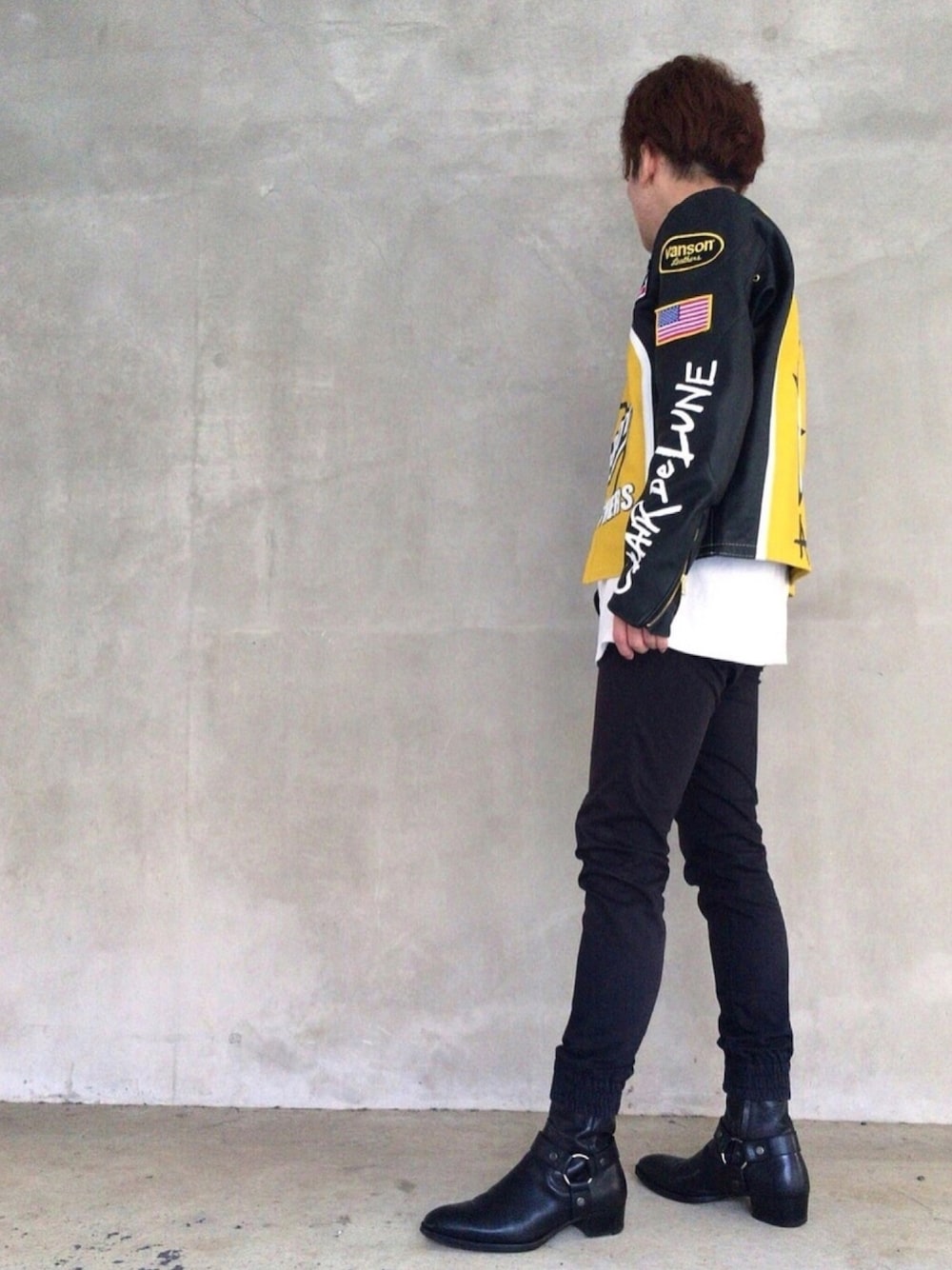 「vanson、ライダース、レザージャケット、登坂広臣、クレルナ、Clair de lune、リングブーツ、サンローランパリ、サンローラン、臣」｜「VANSONのアイテム（ライダースジャケット、ブラック系）」を使った、Tyonさん（メンズ・165cm）の夏コーディネートの1枚目の写真