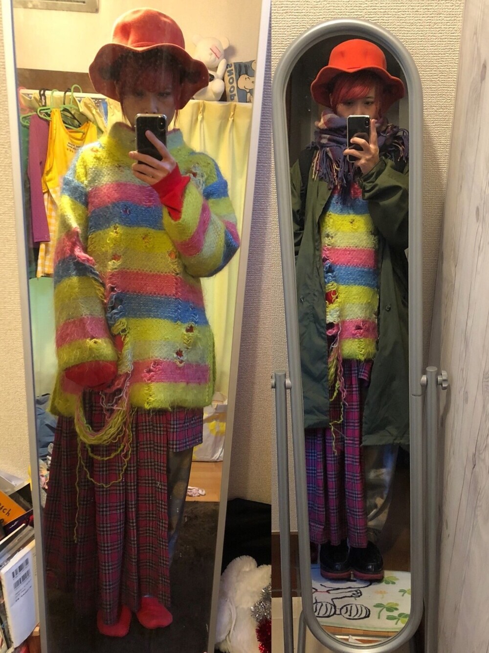 「古着、古着MIX、チェック、ボーダー、カラフル、帽子、派手、ゆったりコーデ、ダメージ、休日スタイル」｜「古着のアイテム（ニット/セーター、その他）」を使った、kanoさん（レディース・163cm）の冬コーディネートの1枚目の写真