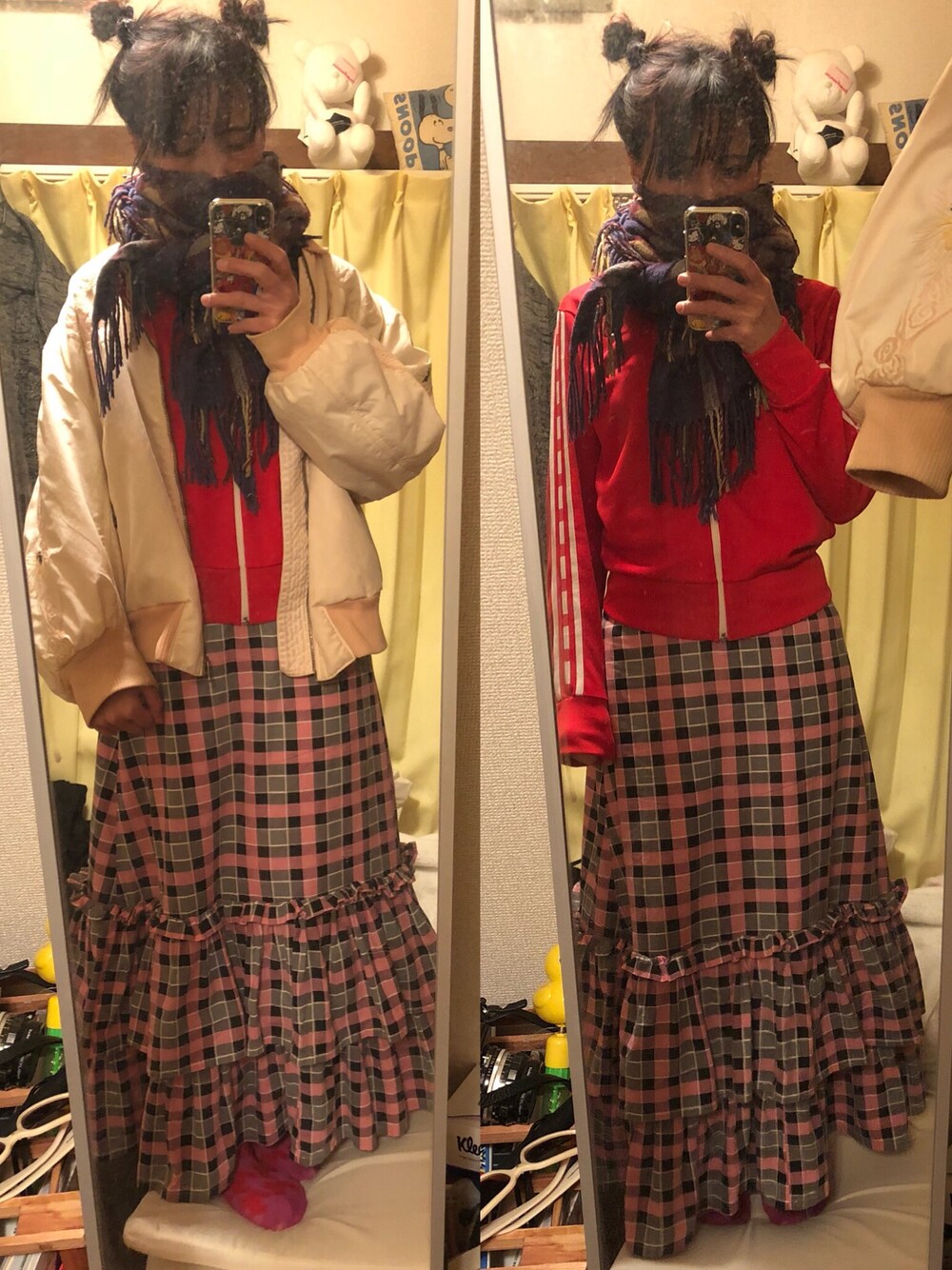 「90’s、古着、used、チェックスカート、チェック、おだんごヘアー、ロングスカート、フリル、赤、ピンク」｜「古着のアイテム（その他アウター、ピンク系）」を使った、kanoさん（レディース・163cm）の冬コーディネートの1枚目の写真
