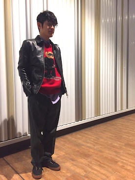 「TRANS CONTINENTS（トランスコンチネンツ）のアイテム（ライダースジャケット）」を使った、タカハシさん（メンズ・171cm）の冬コーディネート