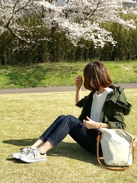 「UNIQLO（ユニクロ）のワッフルクルーネックT（5分袖）（Tシャツ/カットソー）」を使った、minminmaaaさん（レディース・168cm）の春コーディネート