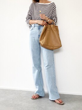 「YOUNG&OLSEN The DRYGOODS STORE（ヤングアンドオルセン）のYOUNG&OLSEN EMBOSSED レザートートバッグ（M）◆（トートバッグ）」を使った、minminmaaaさん（レディース・168cm）の夏コーディネート