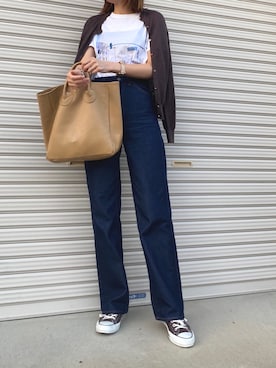 「YOUNG&OLSEN The DRYGOODS STORE（ヤングアンドオルセン）のYOUNG&OLSEN EMBOSSED レザートートバッグ（M）◆（トートバッグ）」を使った、minminmaaaさん（レディース・168cm）の秋コーディネート