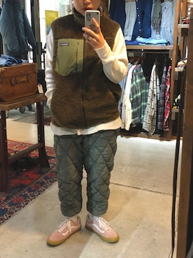 patagoniaのベスト（ブラウン系）を使った人気ファッション
