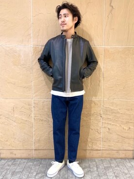 「BEAUTY&YOUTH UNITED ARROWS（ビューティーアンドユースユナイテッドアローズ）の【別注】 ＜FUTURE SERVICE（フューチャーサービス）＞ DENIM 2/パンツ（デニムパンツ、ブルー系）」を使った、Ryota Yamotoさん（メンズ・170cm）の春コーディネート
