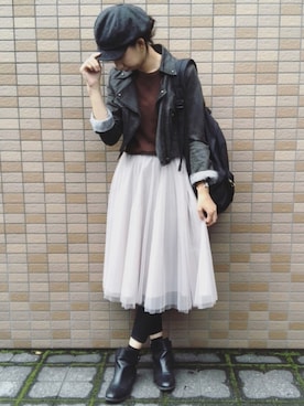 「UNIQLO（ユニクロ）のスーピマコットンリブクルーネックT（半袖）（Tシャツ/カットソー）」を使った、mayさん（レディース・168cm）の秋コーディネート