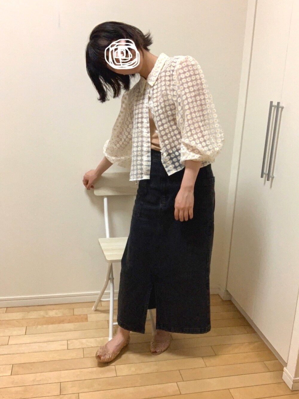 「カジュアル、ZARA、シースルー、シースルーブラウス、おしゃれさんと繋がりたい、低身長、透け感、夏、ラクチンコーデ、GU」｜「GUのアイテム（デニムスカート、ブラック系）」を使った、wear_ufさん（レディース・153cm）の夏コーディネートの1枚目の写真