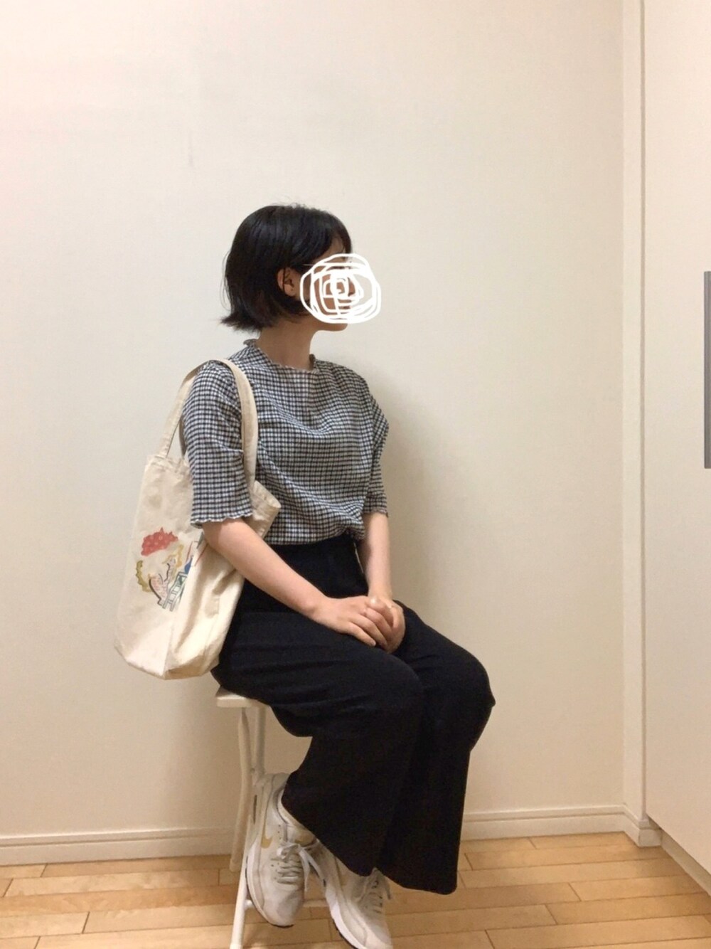「大人カジュアル、楽チンコーデ、オトナ女子、ラフ、低身長コーデ、summer、トートバッグ、リラックススタイル、ギンガムチェック、ワイドパンツ」｜「Dot＆Stripes CHILD WOMANのアイテム（その他トップス、ブラック系）」を使った、wear_ufさん（レディース・153cm）の夏コーディネートの1枚目の写真