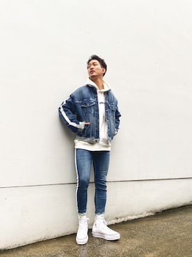 「#Re:room（リルーム）のラインペイントストレッチスキニーデニムパンツ（デニムパンツ）」を使った、keigoyamazakiさん（メンズ・172cm）の秋コーディネート