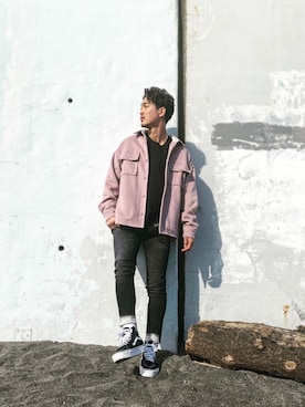 「#Re:room（リルーム）のラインペイントストレッチスキニーデニムパンツ（デニムパンツ）」を使った、keigoyamazakiさん（メンズ・172cm）の秋コーディネート