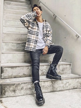 「#Re:room（リルーム）のラインペイントストレッチスキニーデニムパンツ（デニムパンツ）」を使った、keigoyamazakiさん（メンズ・172cm）の秋コーディネート