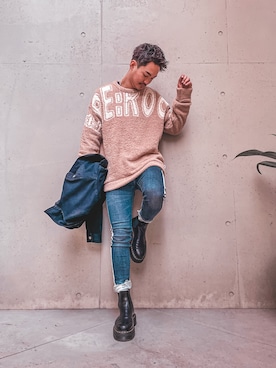 「#Re:room（リルーム）のラインペイントストレッチスキニーデニムパンツ（デニムパンツ）」を使った、keigoyamazakiさん（メンズ・172cm）の秋コーディネート