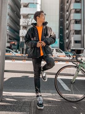 「#Re:room（リルーム）のラインペイントストレッチスキニーデニムパンツ（デニムパンツ）」を使った、keigoyamazakiさん（メンズ・172cm）の冬コーディネート