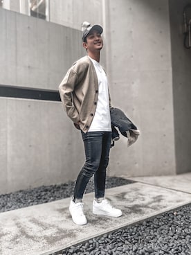 「#Re:room（リルーム）のラインペイントストレッチスキニーデニムパンツ（デニムパンツ）」を使った、keigoyamazakiさん（メンズ・172cm）の冬コーディネート